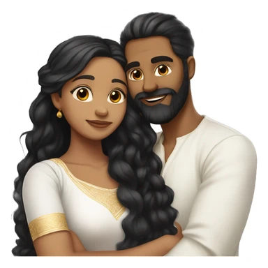 Light skin;Black long hair girl  in a white saree hugging with a man with black beard and hair on top sticker