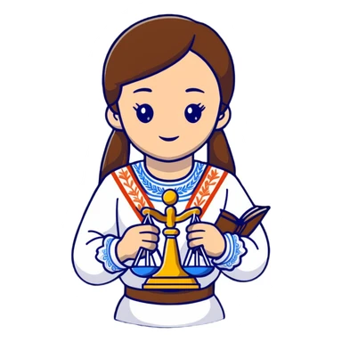 Ukrainian girl with brown hair wearing a traditional embroidered vyshyvanka shirt, holding scales of justice in her hand sticker