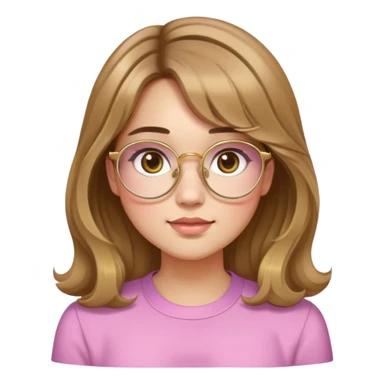 young adult woman with light skin, round face, prominent cheeks, medium plump body, long light brown hair with golden highlights, voluminous and wavy, long bangs over eyebrows, large octagonal glasses with thin golden or light pink frame, casual dark shirt sticker