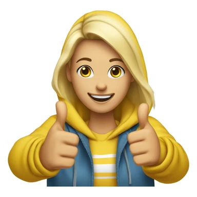 A 30-year-old blonde woman in a yellow hoodie smiles and shows a ‘Thumbs Up’ sign with her hand  sticker