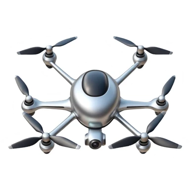 A futuristic drone emoji made of polished silver chrome, smooth rounded body, minimal propellers, reflective metallic surface, soft studio lighting, iOS emoji style, centered, clean white background sticker