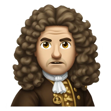 "An emoji of Louis XIV with long curly hair and royal attire, looking angry. He has furrowed brows, narrowed eyes, and a tense frown, showing his royal frustration." sticker