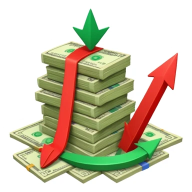 a pile of money infront of strategy paper with red arrow up sticker