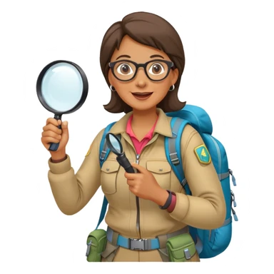 Middle-aged woman explorer with glasses in bright hiking gear and backpack, excitedly holding magnifying glass sticker