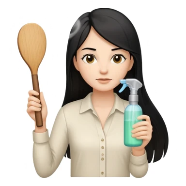 A white woman with long, straight black hair, wearing an ivory-colored shirt, holding a wooden paddle hairbrush in her left hand and spraying a hair mist bottle with her right hand toward her hair. sticker