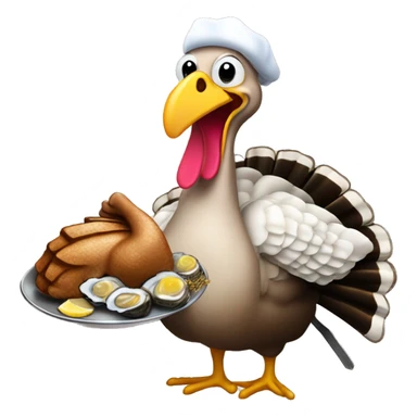 Turkey holding slice of dark, black toasted bread with pan of oysters, fire sticker