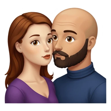 Couple. Bald man with dark brown-black beard. White woman with many small, faded freckles, she has white skin and she has auburn-brown-cinnamon, dark long hair. She has light brown eyes. The man have hazel eyes. She have light eyes. Retro style. She kisses him. Dark akademia. sticker