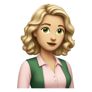 A young women with shoulder length slightly wavy dark blonde hair, dark green eyes wearing a light pink blouse, looking off to the side sticker