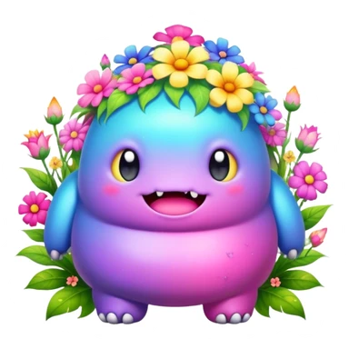 Kawaii derpy fat rainbow monster surrounded by magical flowers, rich textures, visually rich, so lifelike that it feels like it could leap off the page at any moment sticker