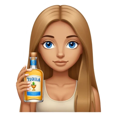 tan girl, long light brown straight hair, blue eyes, holding tequila sticker