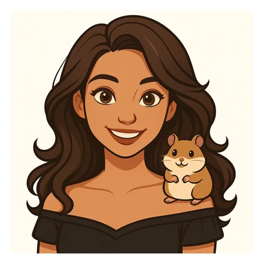 Add a cute hamster sitting on her shoulder, keeping the modern, clean, warm style and the original background. sticker