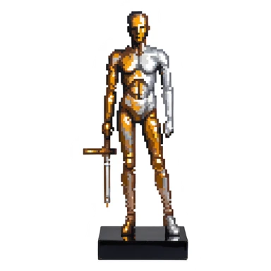 A paintbrush transforming into a silver metallic human silhouette sculpture with bronze accents, symbol of artistic identity sticker