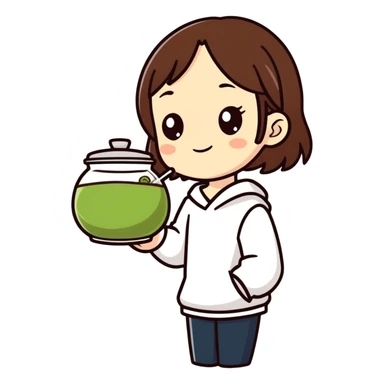 brunette girl holding a matcha sticker
