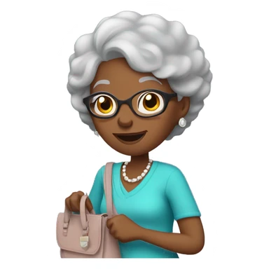 A elderly black woman with gray hair in a cute pose showing off her purse sticker