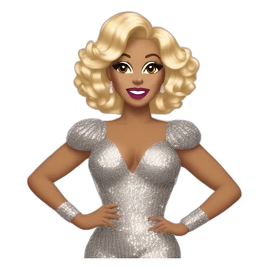 Drag queen Rupaul, blonde hair styled swept to the side. Full body, sequin dress, posed with left hand on her hip, right hand raised in the air. Iconic, legendary, victorious sticker
