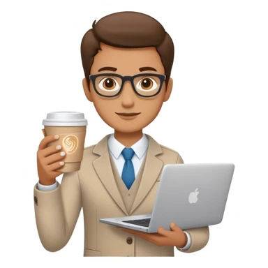 business owner confidently, holding a closed laptop in one hand and a takeaway coffee cup in the other. The character wears casual-smart clothes. sticker