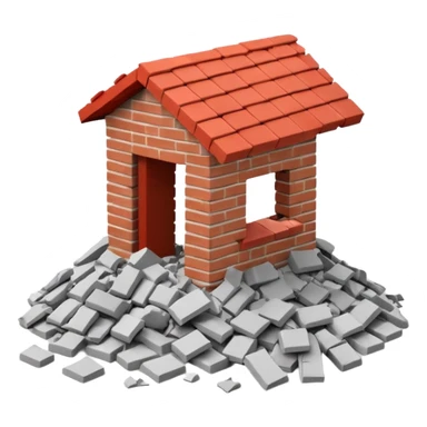 3D iPhone style emoji of a pile of bricks, roof pieces, and wall rubble, scattered and broken, isolated on white background, soft shadows, high detail, playful and cute sticker