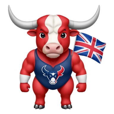 Houston texans bull, wearing a texans jersey, with a union jack flag behing sticker