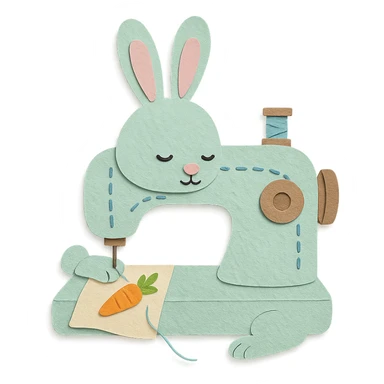 soft mint pastel sewing machine rabbit, fluffy, stitching a tiny carrot pattern, full-body sticker