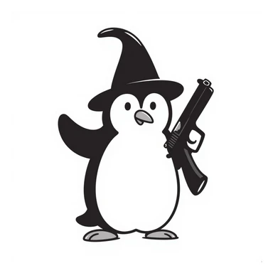 A penguin wizard holding a glock, black doodle style sticker