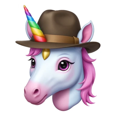 unicorn face cute wearing fedora, horn piercing through the hat sticker