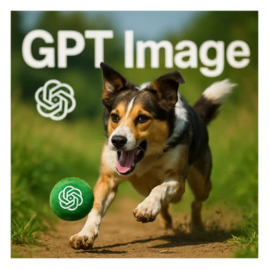 logo of chat gpt with text "GPT Image" on the background of a dog chasing ball, realistic image sticker