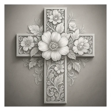 a detailed bright grey flower cross, intricate floral patterns, high contrast, elegant and luminous sticker