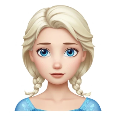 Кинематографический реалистичный портрет Эльзы с реалистичной текстурой кожи, мягким естественным освещением и изящно детализированными платиново-русыми волосами Её  выразительные голубые глаза излучают уверенность, спокойное выражение. Портрет отличается мягким чарующим сиянием с прохладной sticker