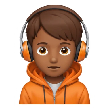 An emoji of a boy with brown hair a orange hoodie and headphones greeting sticker