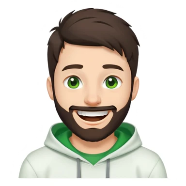 laughing guy with white hoodie, green t-shirt underneath, green eyes, dark brown undercut hairstyle and a short full beard sticker
