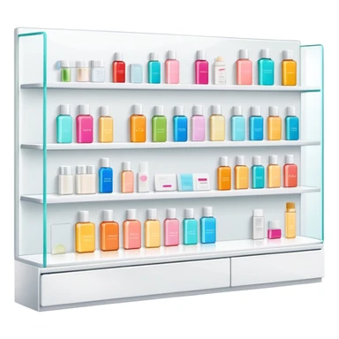 big long white shelf with one serum bottle labeled beauty brand and big sticky note next to it sticker