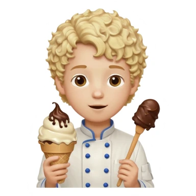 boy blonde curly hair, chef, eating big chocolate ice cream sticker