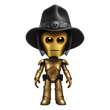 battle rough and tough bounty hunter c3Po wearing Satan’s leather outfit with guns and wide-brim hat on head. walking sticker