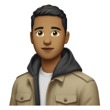 25-year old latino with black eyes and short hair wearing a hoodie with a trench coat sticker
