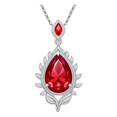 teardrop ruby pendant with fiery light, tiny phoenix feather emerging, haloed by shimmering white stones, silver chain like liquid moonlight sticker