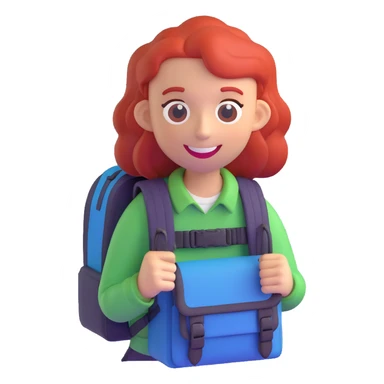 3D emoji of a red-haired character with a sinister smile and a small backpack sticker