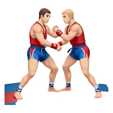 Two Sambo fighters in blue and red kimonos, with shorts and wrestling shoes, performing grappling and throwing techniques. The background shows a wrestling mat and an intense, focused atmosphere. Transparent background highlights the fluidity and skill of the sport without strikes. sticker