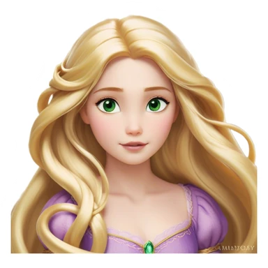 Cinematic Realistic Rapunzel Portrait, with porcelain-like skin featuring a subtle, natural glow, illuminated by soft lighting that brings out the gentle contours of her face. Her long, golden blonde hair cascades in detailed waves, each strand highlighted with a radiant shimmer as it catches the light. Her bright, expressive green eyes exude curiosity and warmth, framed by delicate lashes and soft, arched brows. Her expression is playful and vibrant, with a gentle smile. She is dressed in her classic lavender and pink gown, the fabric textured with delicate folds that flow naturally, catching the light with a soft, radiant glow. The portrait captures a luminous, enchanting aura, seamlessly blending realism with a whimsical, fairytale charm, evoking a timeless sense of beauty and magic. sticker