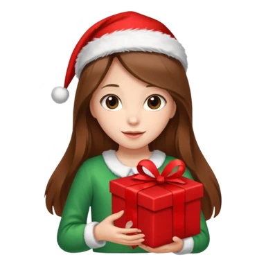 a girl with long brown hair wearing a christmas clothes and holding a gift sticker