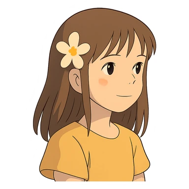 ghibli style girl with straight hair, flower in hair, summer theme sticker