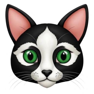 Haz una gata de ojos verdes la cara blanca con mancha negra en las orejas que agarra parte de la frente del lado der pero del iz va desde el ojo hasta la oreja la mancha, tiene la nariz negra en forma de corazón y todo lo que sobra de la cara, barbilla la nariz arriba y el lado de bigotes es blanca sticker