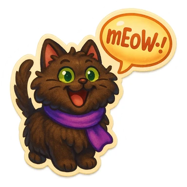 Fluffy cute derpy silly smiling happy funny dark-brown cat with green eyes and a purple scarf saying ‘mEoW~!’ (With a speech bubble) sticker