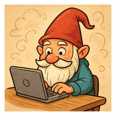 a gnome sitting at a laptop, working diligently, in a whimsical cartoon style sticker