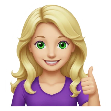 lady with long wavy blonde hair, purple top, green eyes, thumbs up sticker