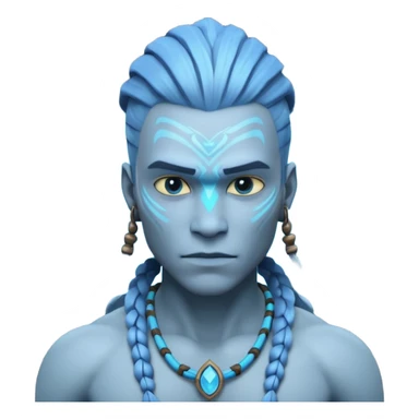 avatar-style Na’vi male portrait, head and shoulders only, blue skin, bioluminescent markings, strong face features, braided hair, tribal necklace, heroic expression, 3D cartoon, mobile game icon style, clean background, no text, no watermark
 sticker