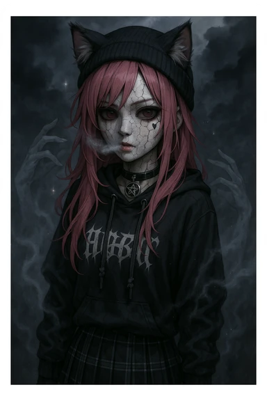 realistic anime catgirl with pink hair, emo streetwear, heart tattoo under left eye, dark magical accessory, sparkles, stormy background, ghostly horror look with cracked porcelain skin, misty breath, and spectral hands sticker