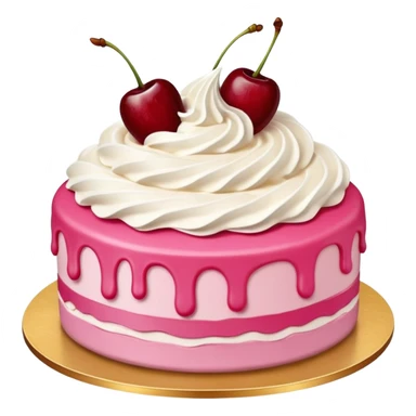 Round pink frosted cake with textured buttercream sides, placed on a gold cake board.
White whipped cream swirls on top, each topped with glossy red cherries with stems, clean studio lighting, isolated background, realistic minimal emoji-style. sticker