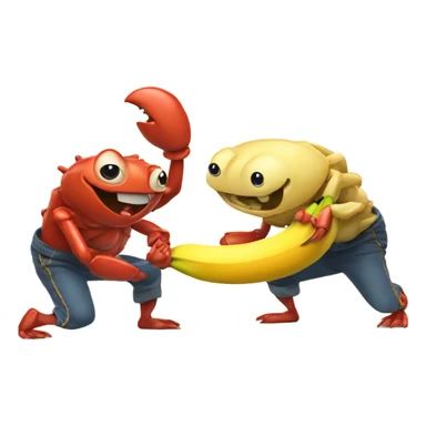 Two crabs playing tug-o-war with a banana sticker