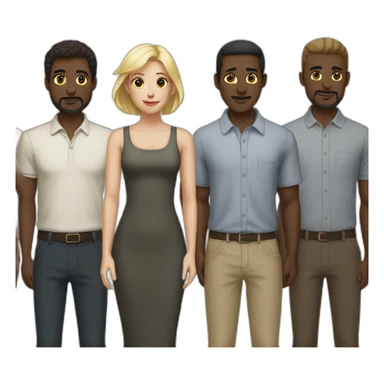 six dark-skinned men stand behind one pale blonde woman sticker