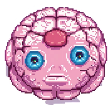 16-bit pixel art of a pink brain-shaped blob with sad droopy eyes and downturned mouth, smooth rounded brain texture, simple retro gaming style sticker